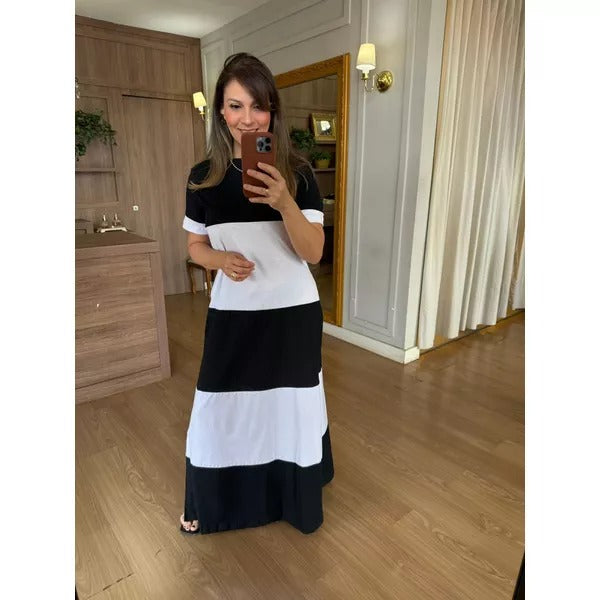 VESTIDO MALHA DE ALGODÃO BICOLOR BRUNA