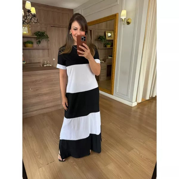 VESTIDO MALHA DE ALGODÃO BICOLOR BRUNA